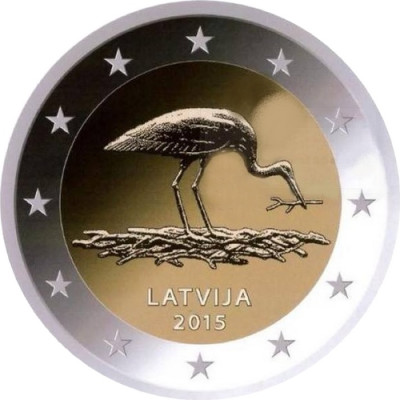 Монета 2 евро 2015 г. Латвия "Природа в опасности. Чёрный аист."